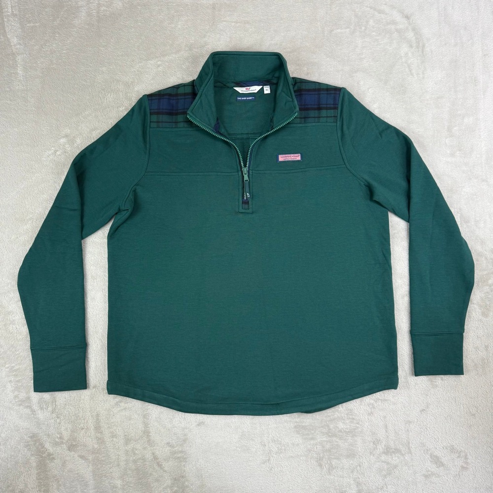 Vineyard Vines Shep Shirt Women XL Green Plaid Yoke 1/4 Zip Pullover Preppy Golf